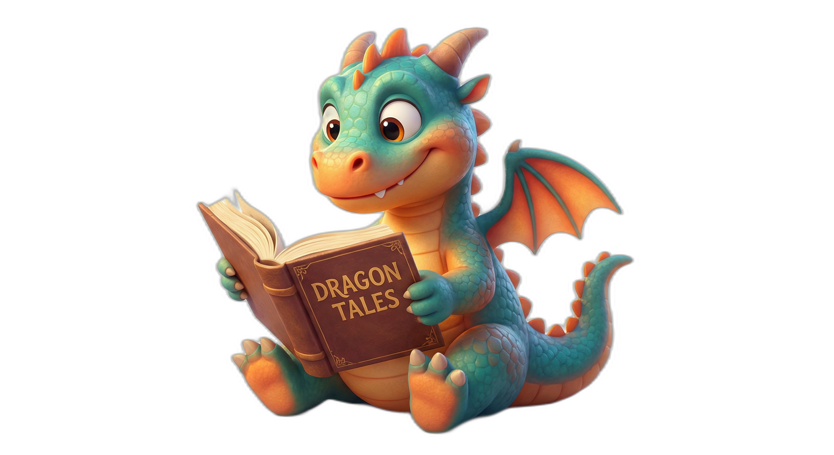 Friendly baby dragon reading a book